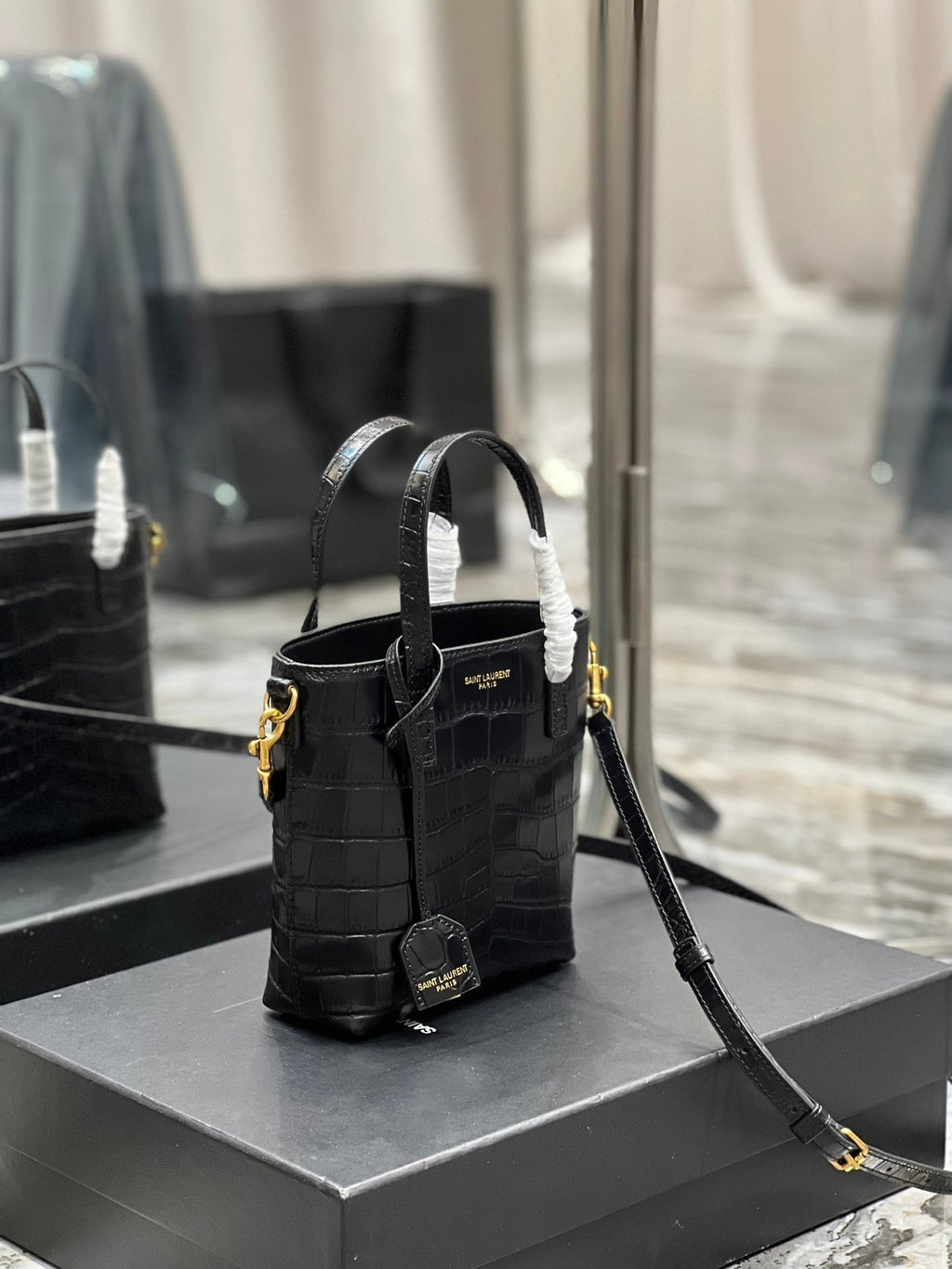 SAINT LAURENT MINI TOY SHOPPING 18 IN CROCODILE-EMBOSSED BLACK CALFSKIN