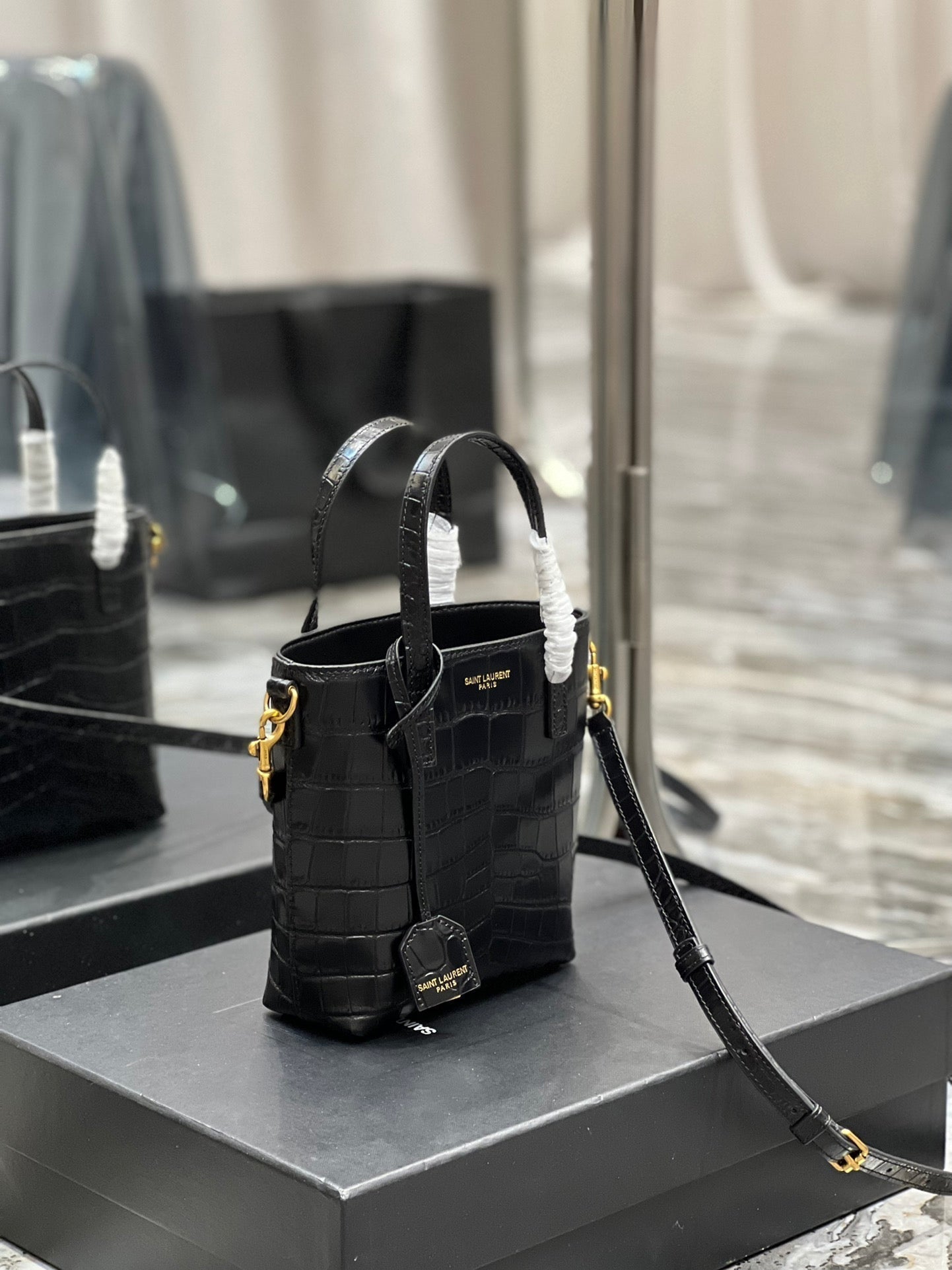 SAINT LAURENT MINI TOY SHOPPING 18 IN CROCODILE-EMBOSSED BLACK CALFSKIN