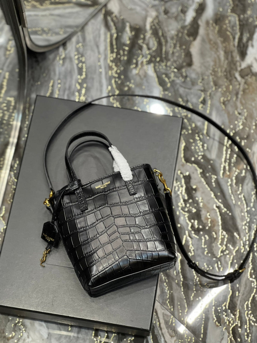 SAINT LAURENT MINI TOY SHOPPING 18 IN CROCODILE-EMBOSSED BLACK CALFSKIN