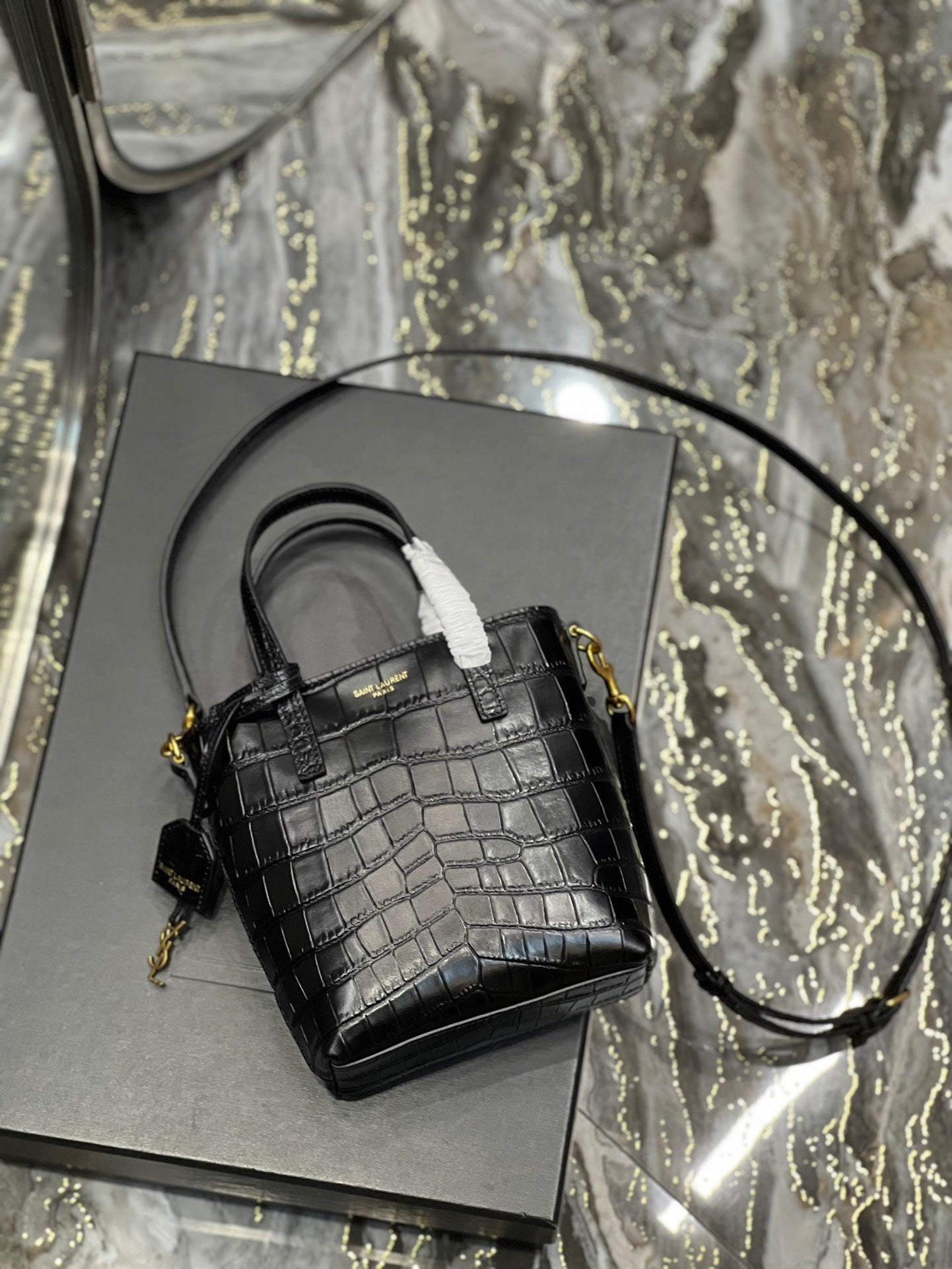 SAINT LAURENT MINI TOY SHOPPING 18 IN CROCODILE-EMBOSSED BLACK CALFSKIN