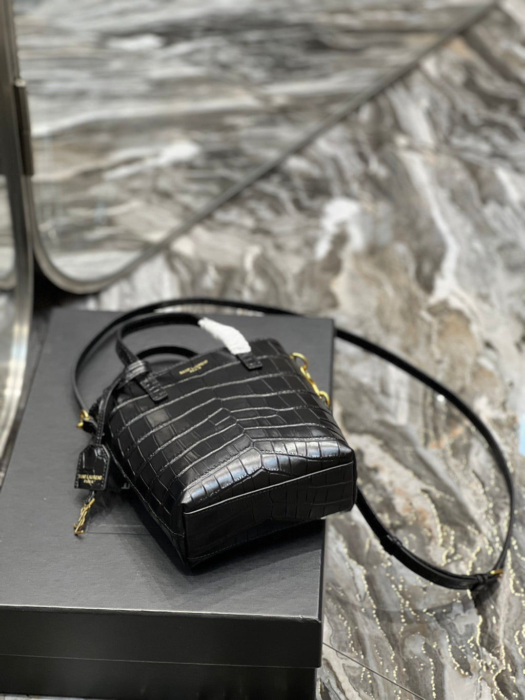 SAINT LAURENT MINI TOY SHOPPING 18 IN CROCODILE-EMBOSSED BLACK CALFSKIN