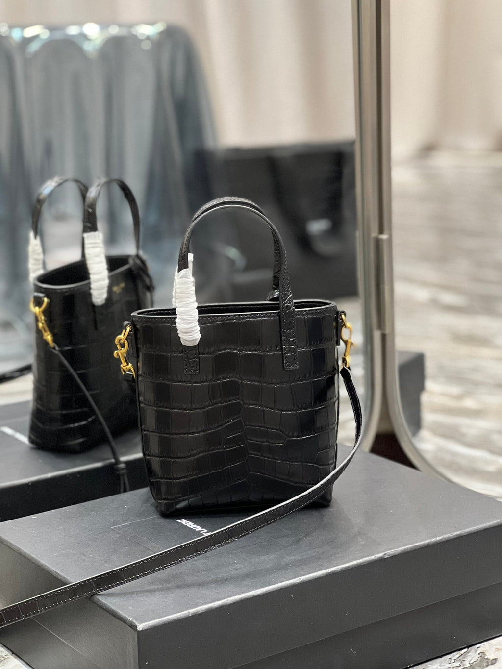 SAINT LAURENT MINI TOY SHOPPING 18 IN CROCODILE-EMBOSSED BLACK CALFSKIN