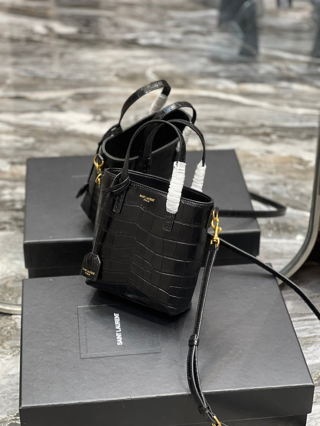 SAINT LAURENT MINI TOY SHOPPING 18 IN CROCODILE-EMBOSSED BLACK CALFSKIN