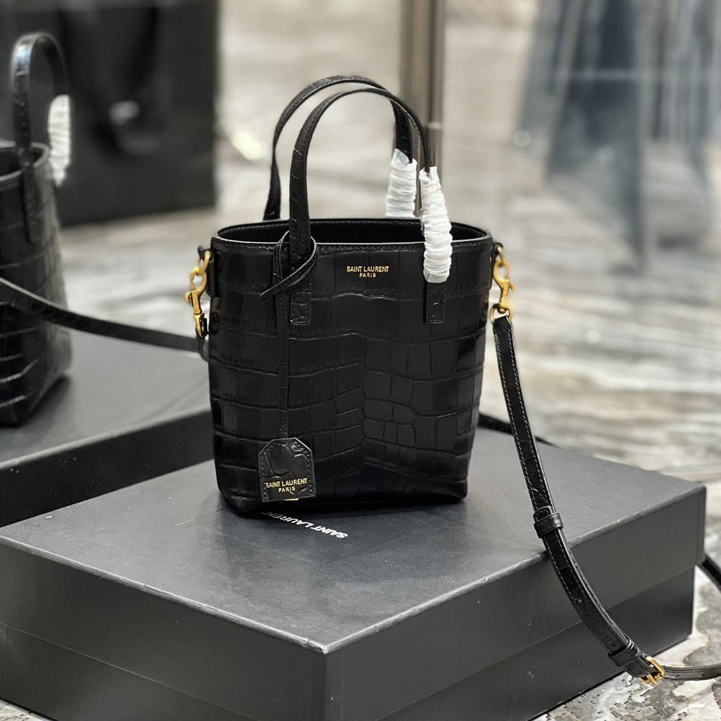 SAINT LAURENT MINI TOY SHOPPING 18 IN CROCODILE-EMBOSSED BLACK CALFSKIN