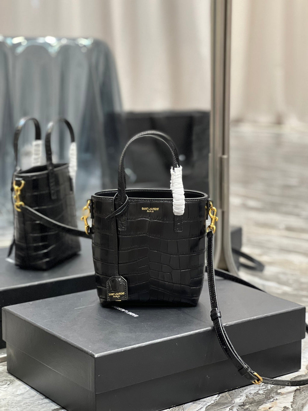 SAINT LAURENT MINI TOY SHOPPING 18 IN CROCODILE-EMBOSSED BLACK CALFSKIN