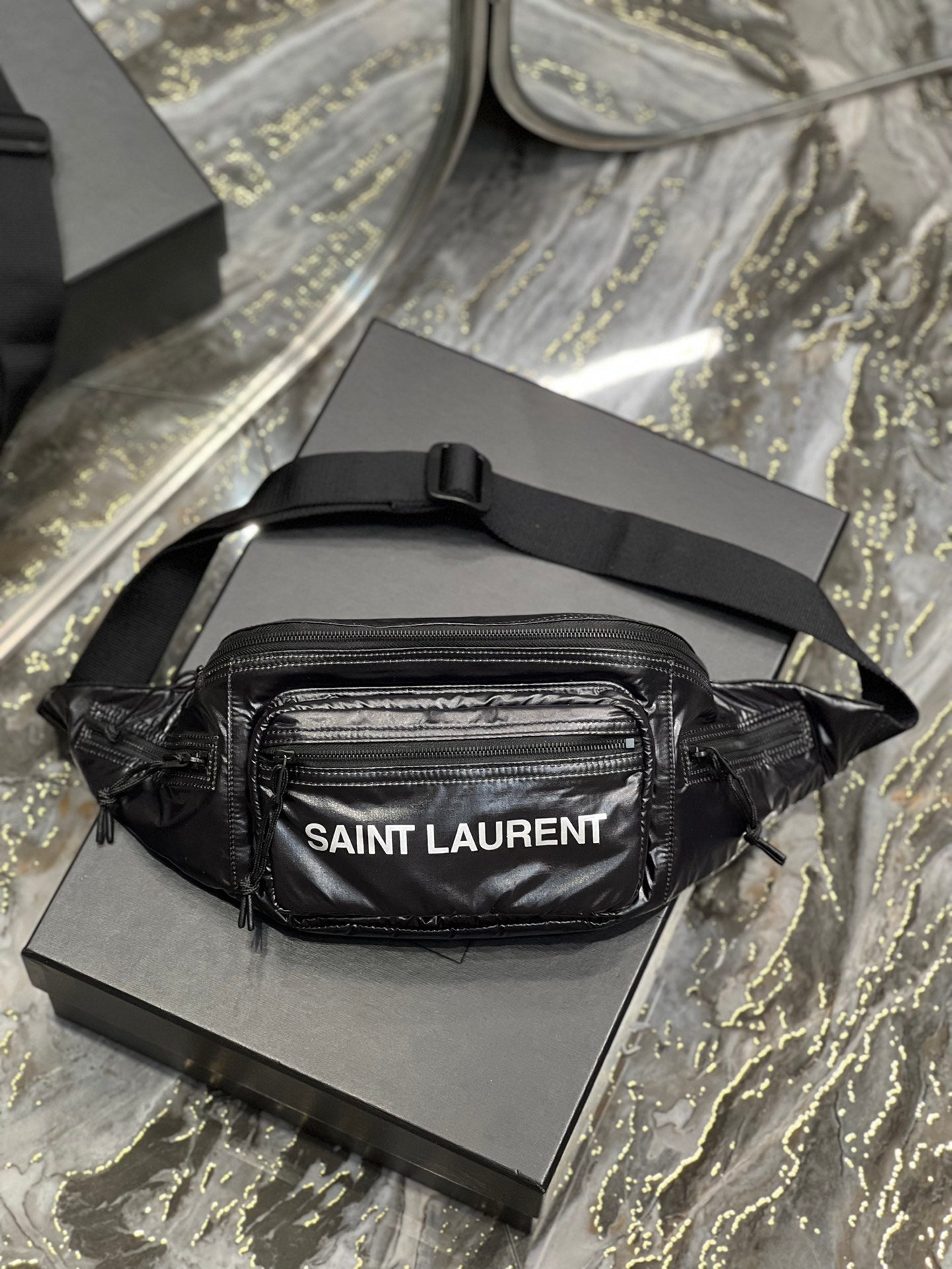 SAINT LAURENT CROSSBODY BAG 24 IN BLACK POLISHED NYLON