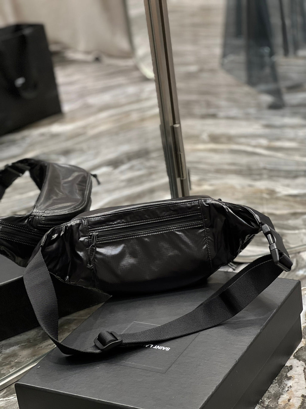 SAINT LAURENT CROSSBODY BAG 24 IN BLACK POLISHED NYLON