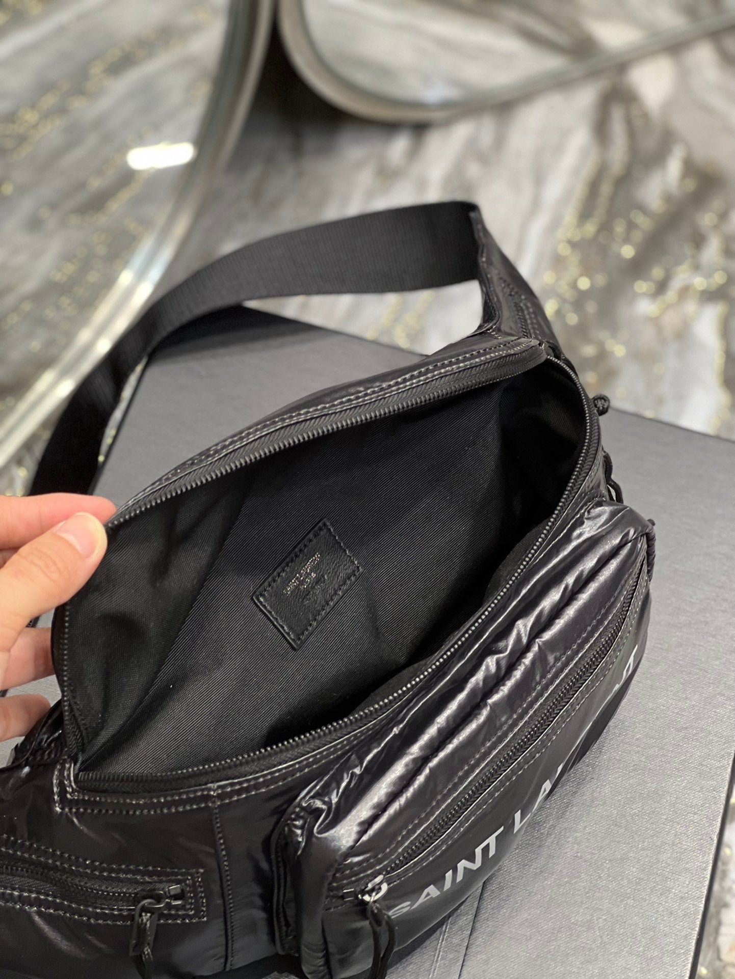 SAINT LAURENT CROSSBODY BAG 24 IN BLACK POLISHED NYLON