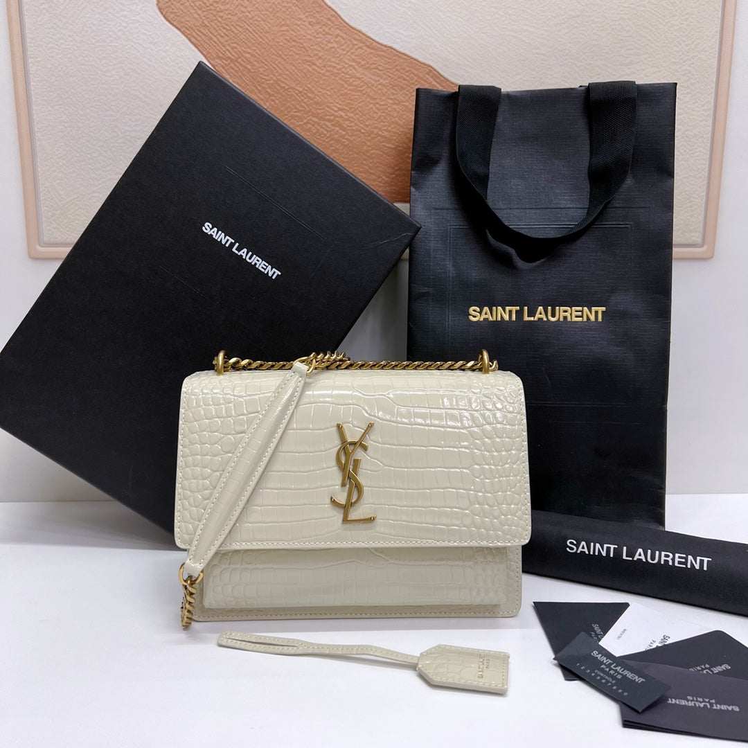 SAINT LAURENT SUNSET MEDIUM 22 IN WHITE CROCODILE PATTERN CALFSKIN GOLD HARDWARE