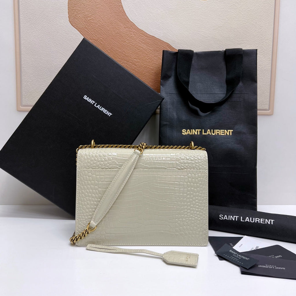 SAINT LAURENT SUNSET MEDIUM 22 IN WHITE CROCODILE PATTERN CALFSKIN GOLD HARDWARE