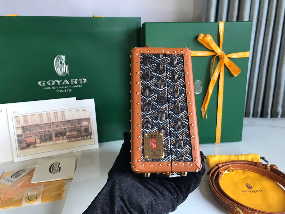 GOYARD GRAND HÔTEL TRUNK BAG 24 IN BLACK GOYARDINE CANVAS AND TAN CALFSKIN
