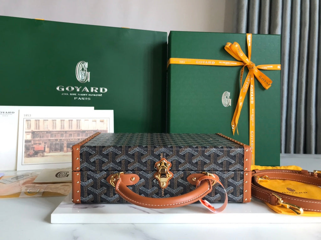 GOYARD GRAND HÔTEL TRUNK BAG 24 IN BLACK GOYARDINE CANVAS AND TAN CALFSKIN