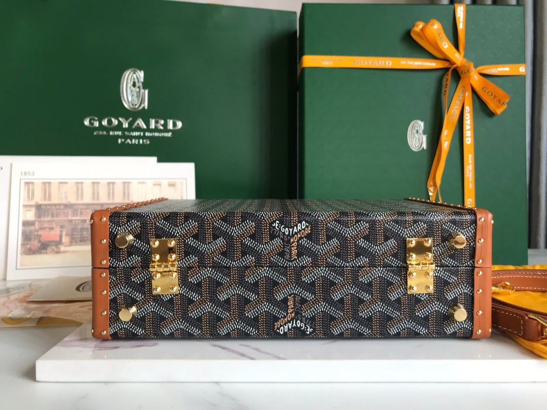 GOYARD GRAND HÔTEL TRUNK BAG 24 IN BLACK GOYARDINE CANVAS AND TAN CALFSKIN