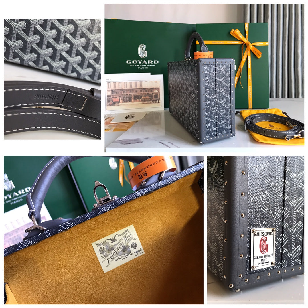 GOYARD GRAND HÔTEL TRUNK BAG 24 IN GREY BLACK GOYARDINE CANVAS AND CALFSKIN