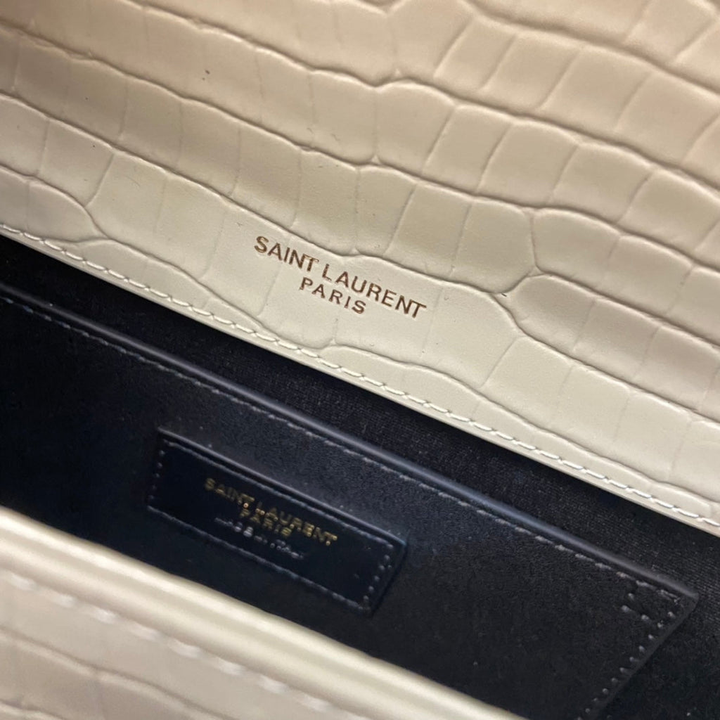 SAINT LAURENT KATE TASSEL 24 CROCODILE PATTERN CALFSKIN WHITE WITH GOLD LOGO