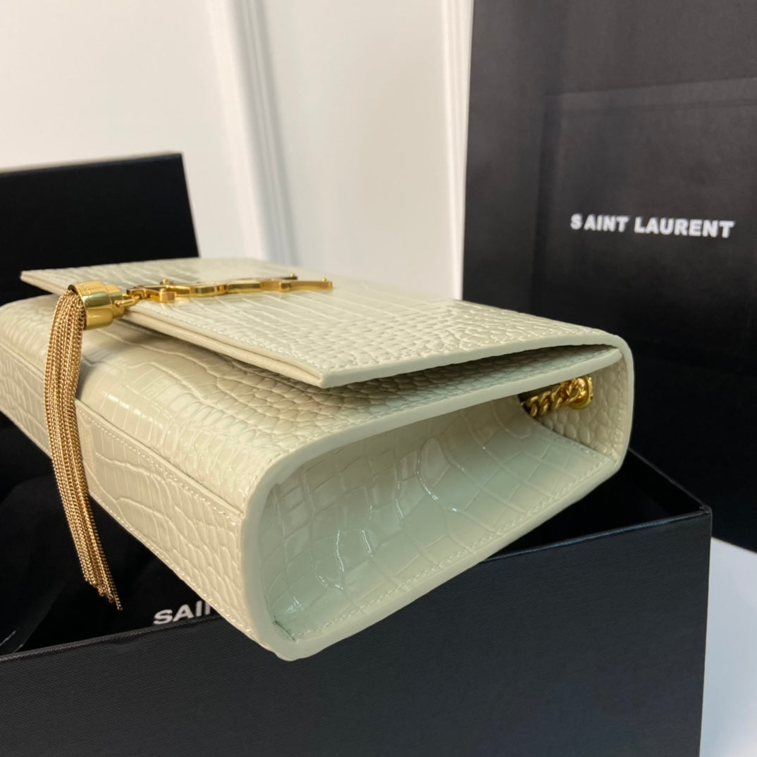 SAINT LAURENT KATE TASSEL 24 CROCODILE PATTERN CALFSKIN WHITE WITH GOLD LOGO
