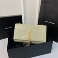 SAINT LAURENT KATE TASSEL 24 CROCODILE PATTERN CALFSKIN WHITE WITH GOLD LOGO