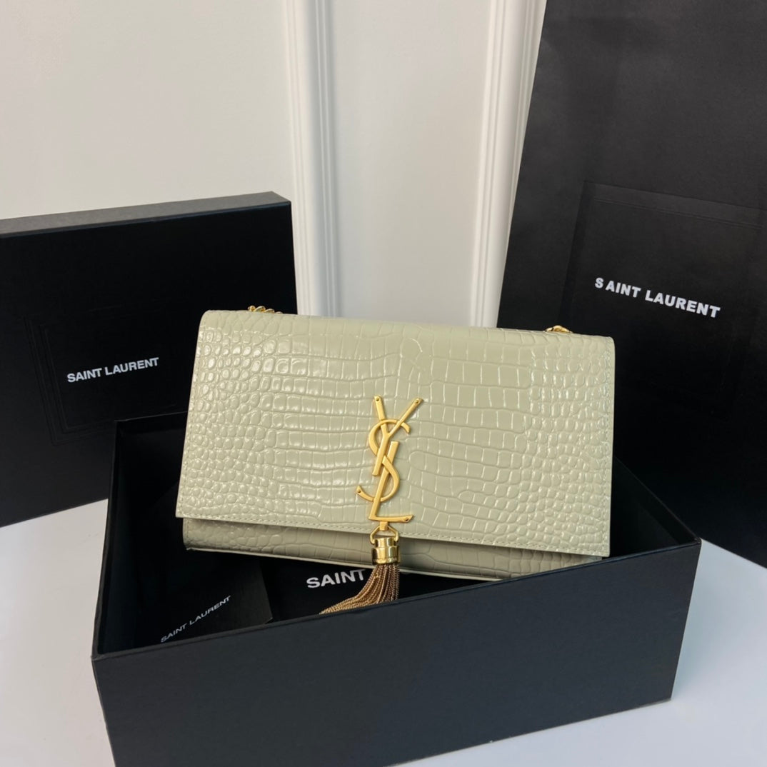SAINT LAURENT KATE TASSEL 24 CROCODILE PATTERN CALFSKIN WHITE WITH GOLD LOGO