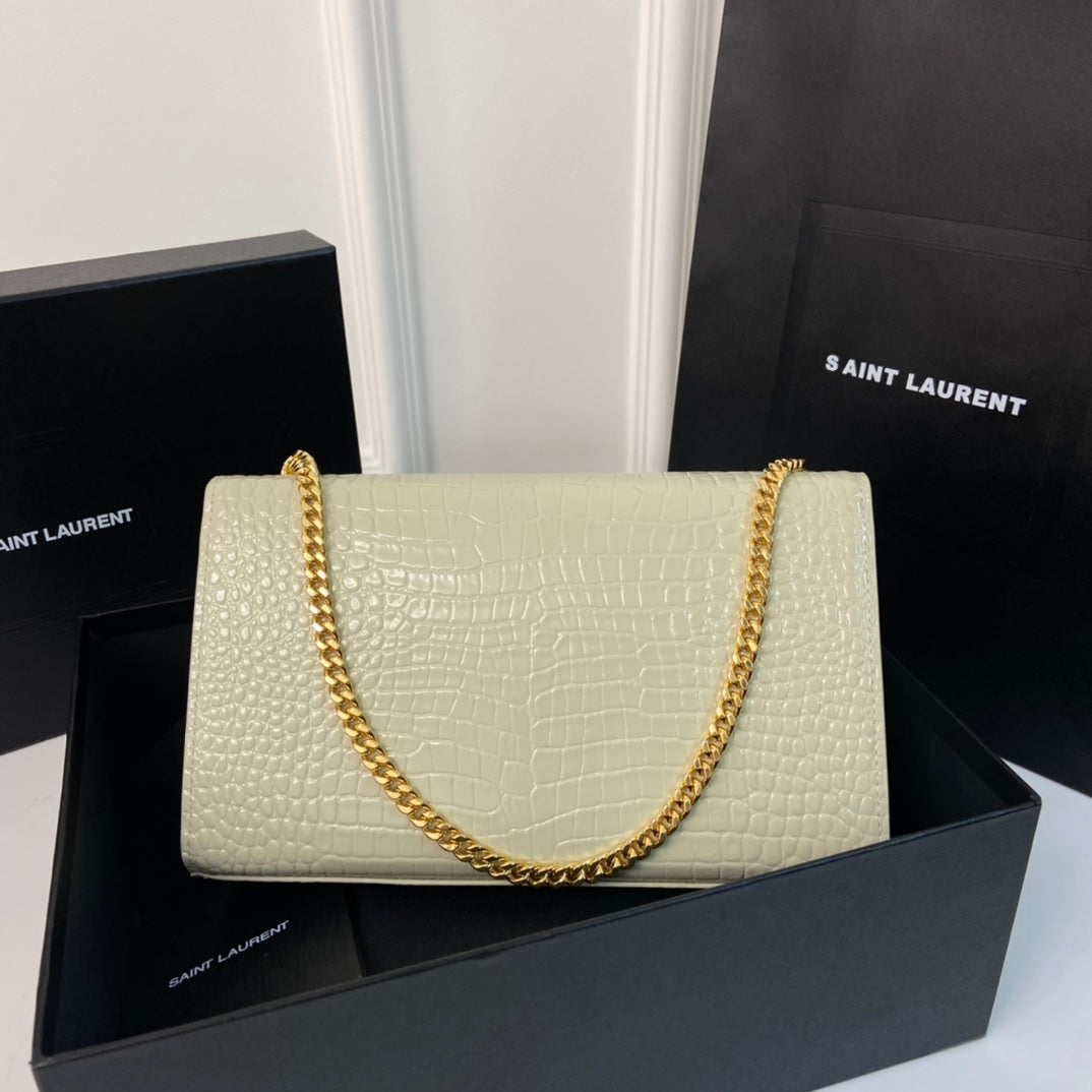 SAINT LAURENT KATE TASSEL 24 CROCODILE PATTERN CALFSKIN WHITE WITH GOLD LOGO