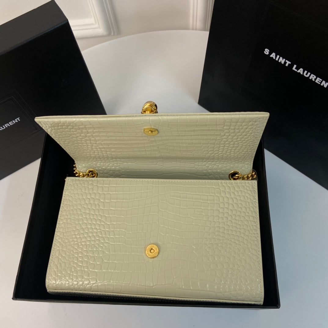 SAINT LAURENT KATE TASSEL 24 CROCODILE PATTERN CALFSKIN WHITE WITH GOLD LOGO