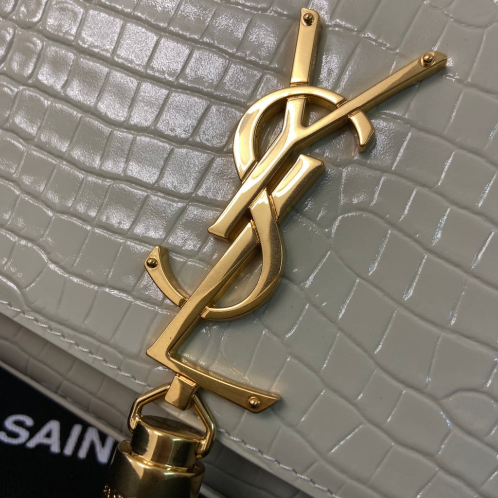 SAINT LAURENT KATE TASSEL 24 CROCODILE PATTERN CALFSKIN WHITE WITH GOLD LOGO