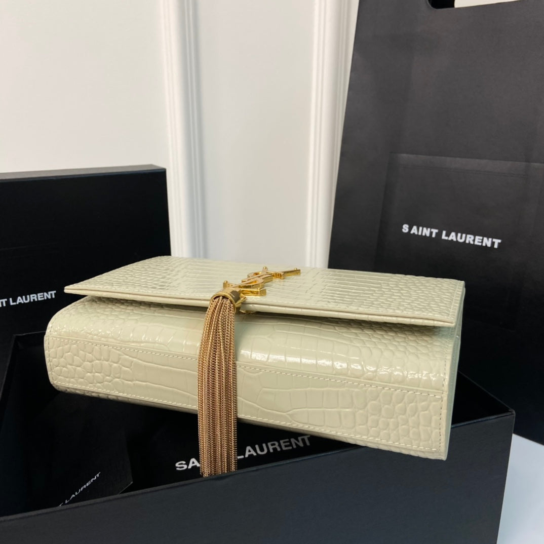 SAINT LAURENT KATE TASSEL 24 CROCODILE PATTERN CALFSKIN WHITE WITH GOLD LOGO