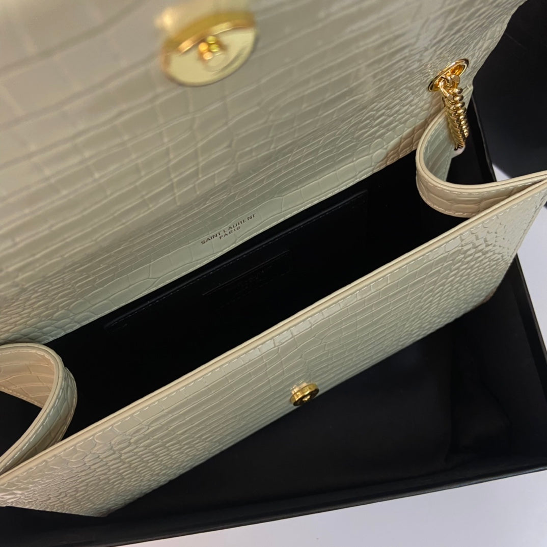 SAINT LAURENT KATE TASSEL 24 CROCODILE PATTERN CALFSKIN WHITE WITH GOLD LOGO