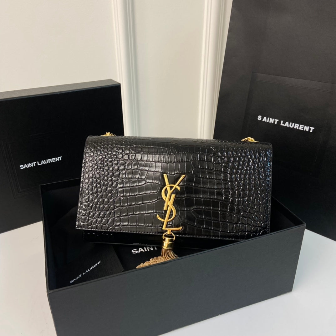 SAINT LAURENT KATE TASSEL 24 CROCODILE PATTERN CALFSKIN BLACK WITH GOLD LOGO