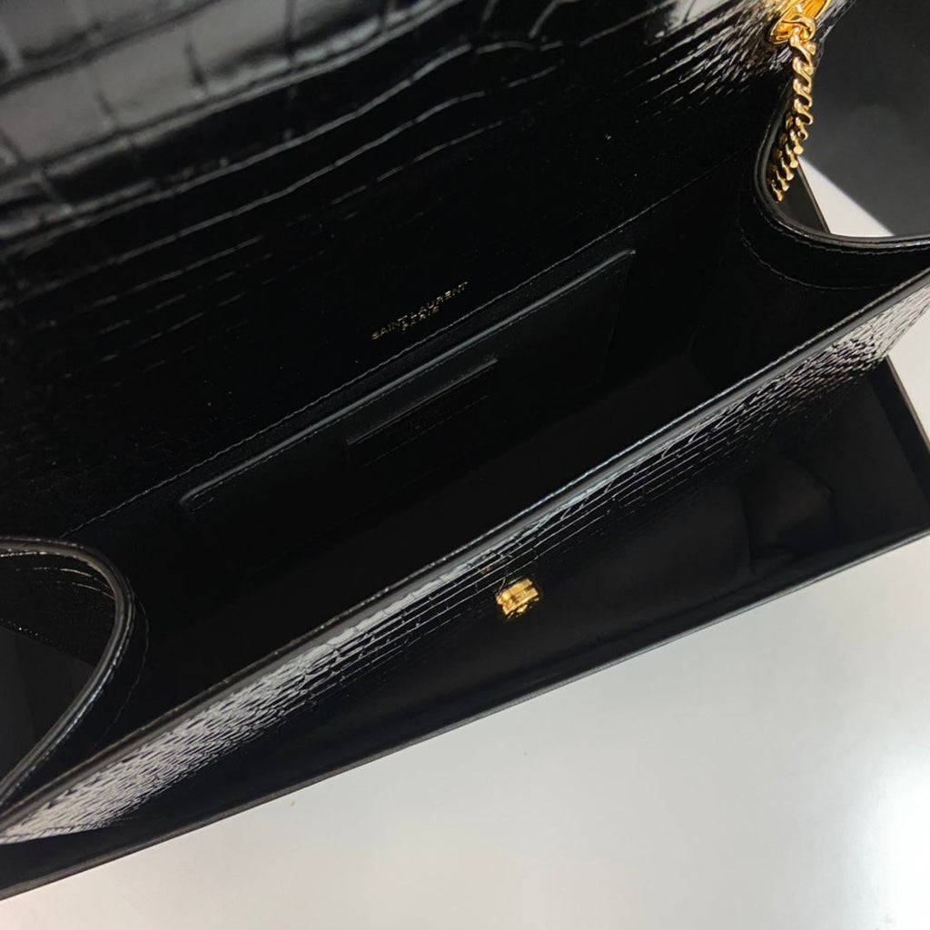 SAINT LAURENT KATE TASSEL 24 CROCODILE PATTERN CALFSKIN BLACK WITH GOLD LOGO