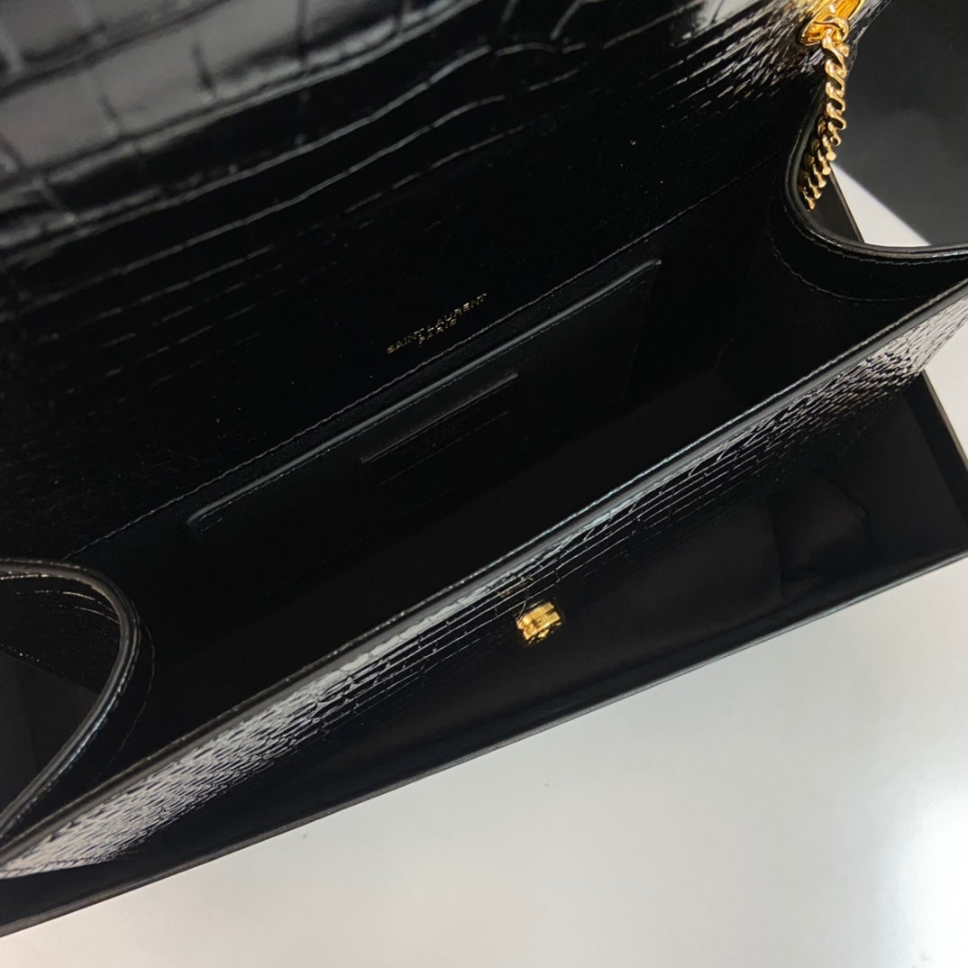 SAINT LAURENT KATE TASSEL 24 CROCODILE PATTERN CALFSKIN BLACK WITH GOLD LOGO