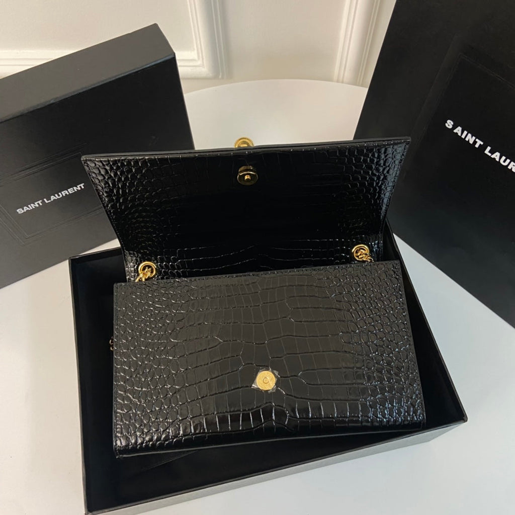 SAINT LAURENT KATE TASSEL 24 CROCODILE PATTERN CALFSKIN BLACK WITH GOLD LOGO