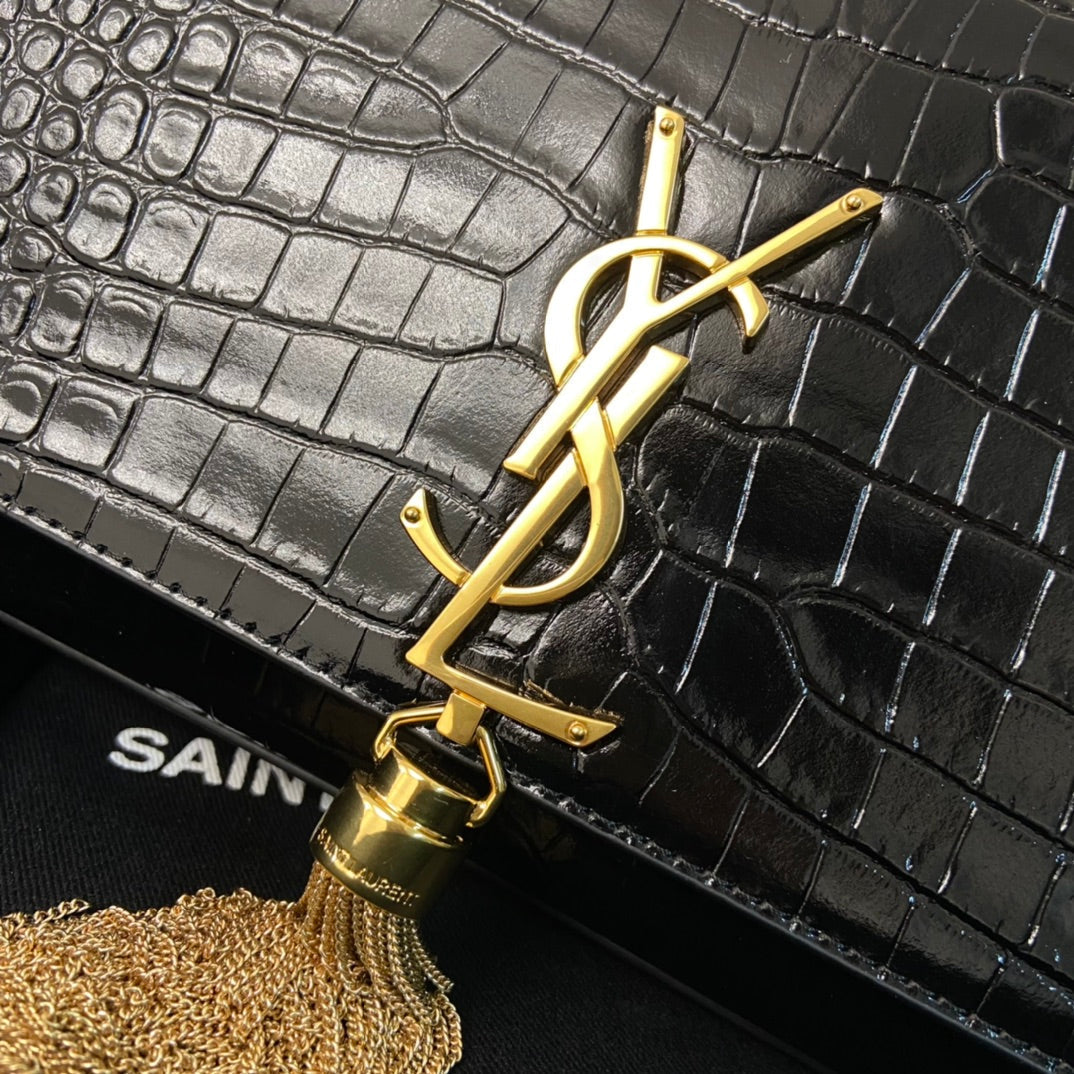 SAINT LAURENT KATE TASSEL 24 CROCODILE PATTERN CALFSKIN BLACK WITH GOLD LOGO