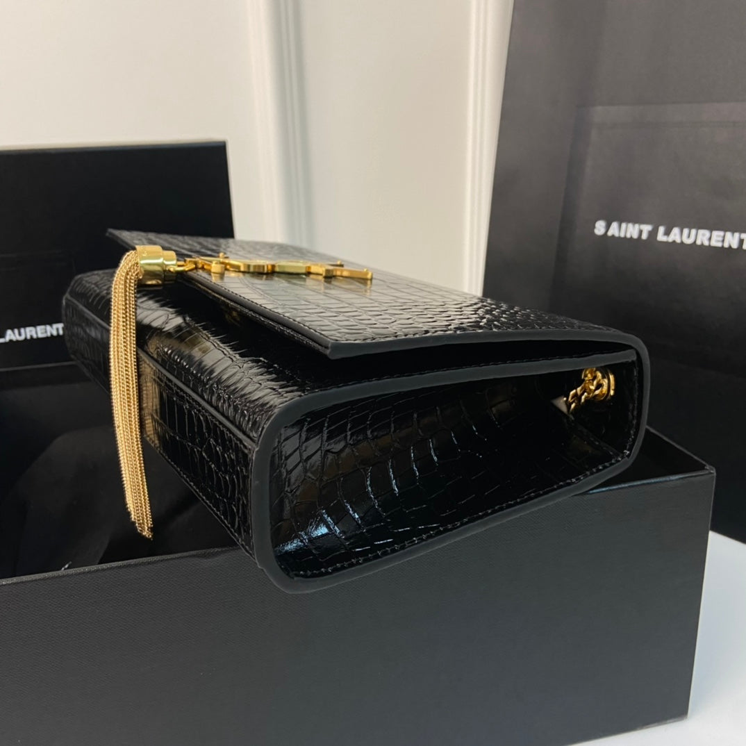 SAINT LAURENT KATE TASSEL 24 CROCODILE PATTERN CALFSKIN BLACK WITH GOLD LOGO