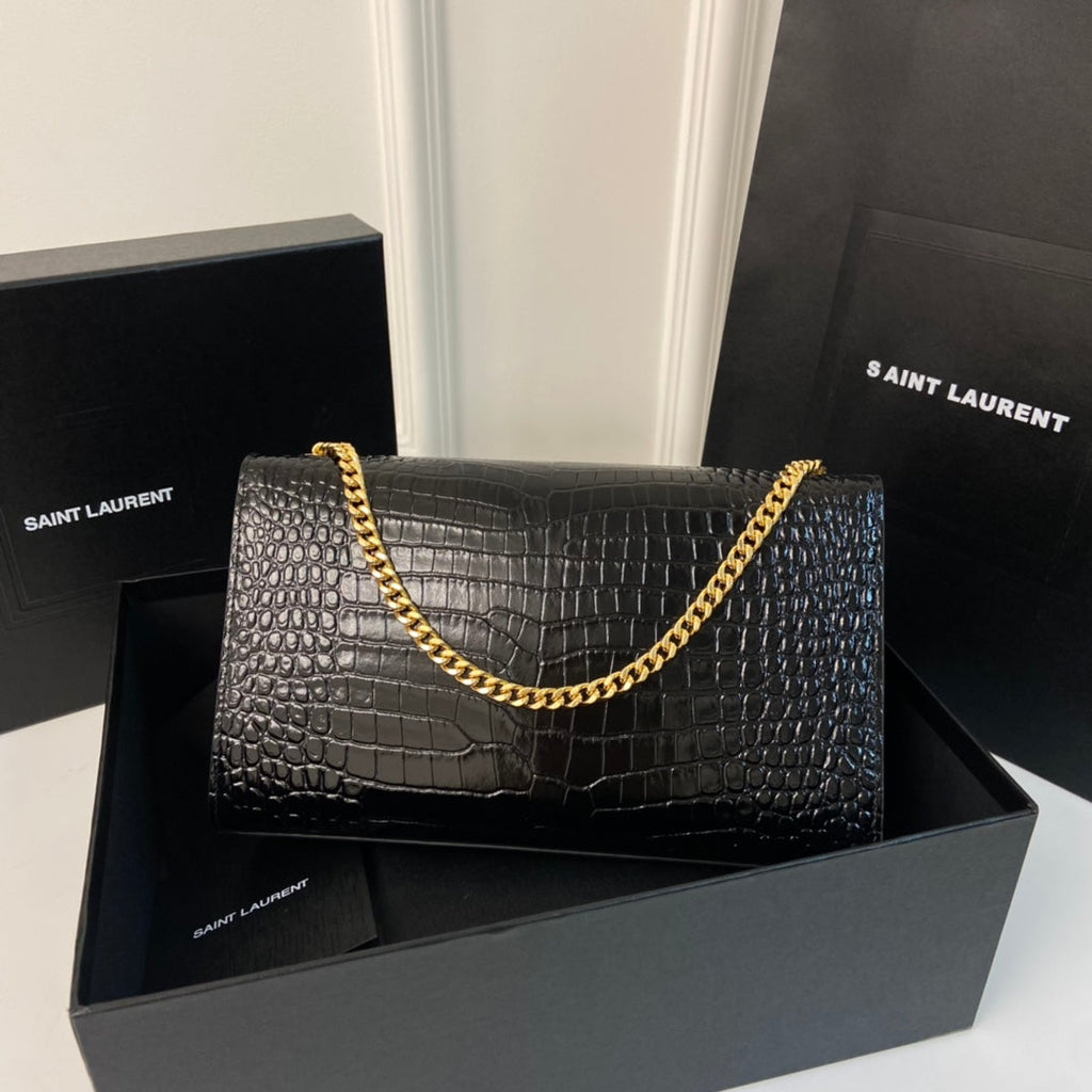 SAINT LAURENT KATE TASSEL 24 CROCODILE PATTERN CALFSKIN BLACK WITH GOLD LOGO
