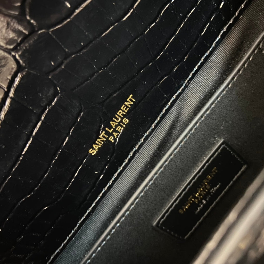 SAINT LAURENT KATE TASSEL 24 CROCODILE PATTERN CALFSKIN BLACK WITH GOLD LOGO