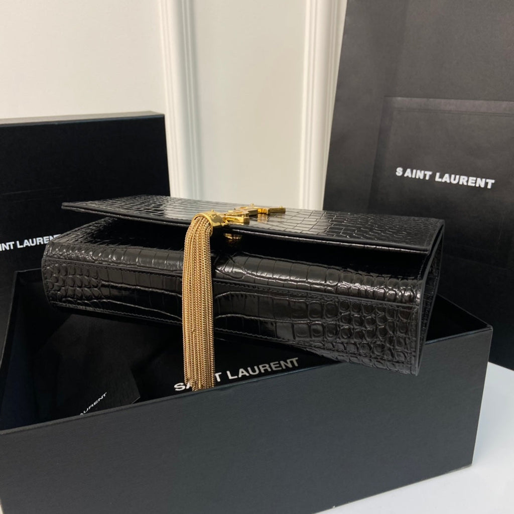 SAINT LAURENT KATE TASSEL 24 CROCODILE PATTERN CALFSKIN BLACK WITH GOLD LOGO