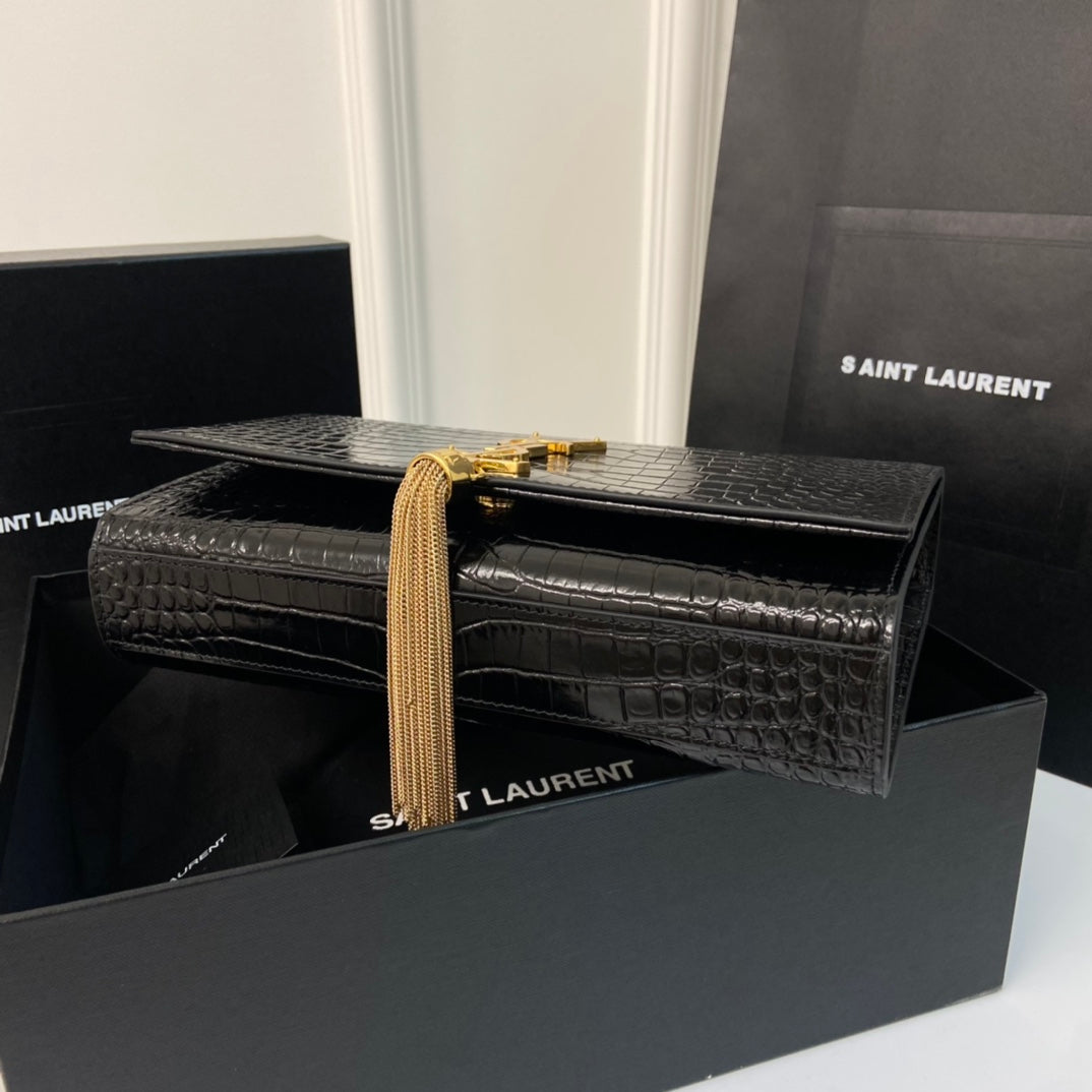 SAINT LAURENT KATE TASSEL 24 CROCODILE PATTERN CALFSKIN BLACK WITH GOLD LOGO