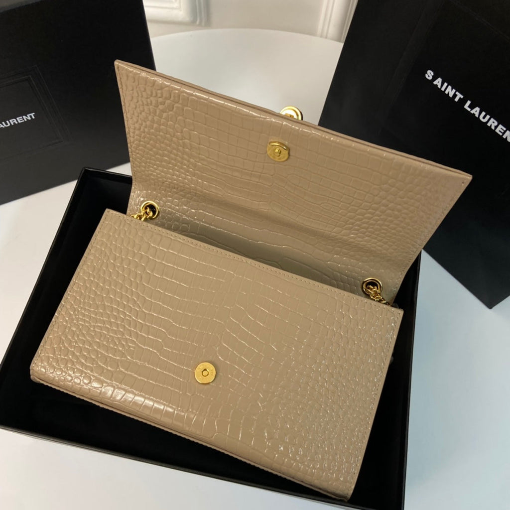 SAINT LAURENT KATE TASSEL 24 CROCODILE PATTERN CALFSKIN BEIGE CREAM WITH GOLD LOGO