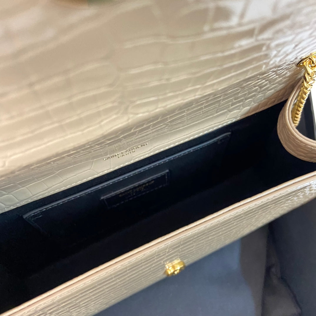 SAINT LAURENT KATE TASSEL 24 CROCODILE PATTERN CALFSKIN BEIGE CREAM WITH GOLD LOGO