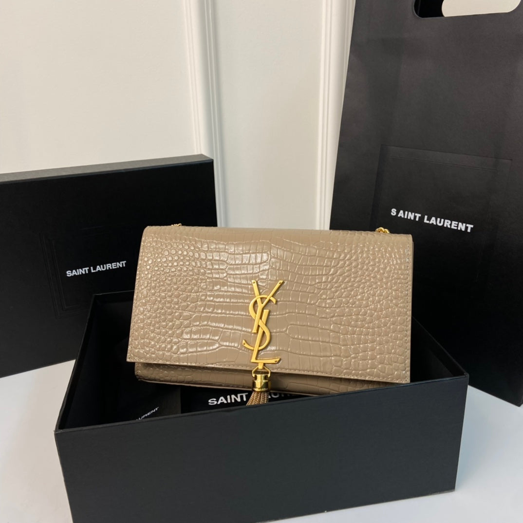 SAINT LAURENT KATE TASSEL 24 CROCODILE PATTERN CALFSKIN BEIGE CREAM WITH GOLD LOGO