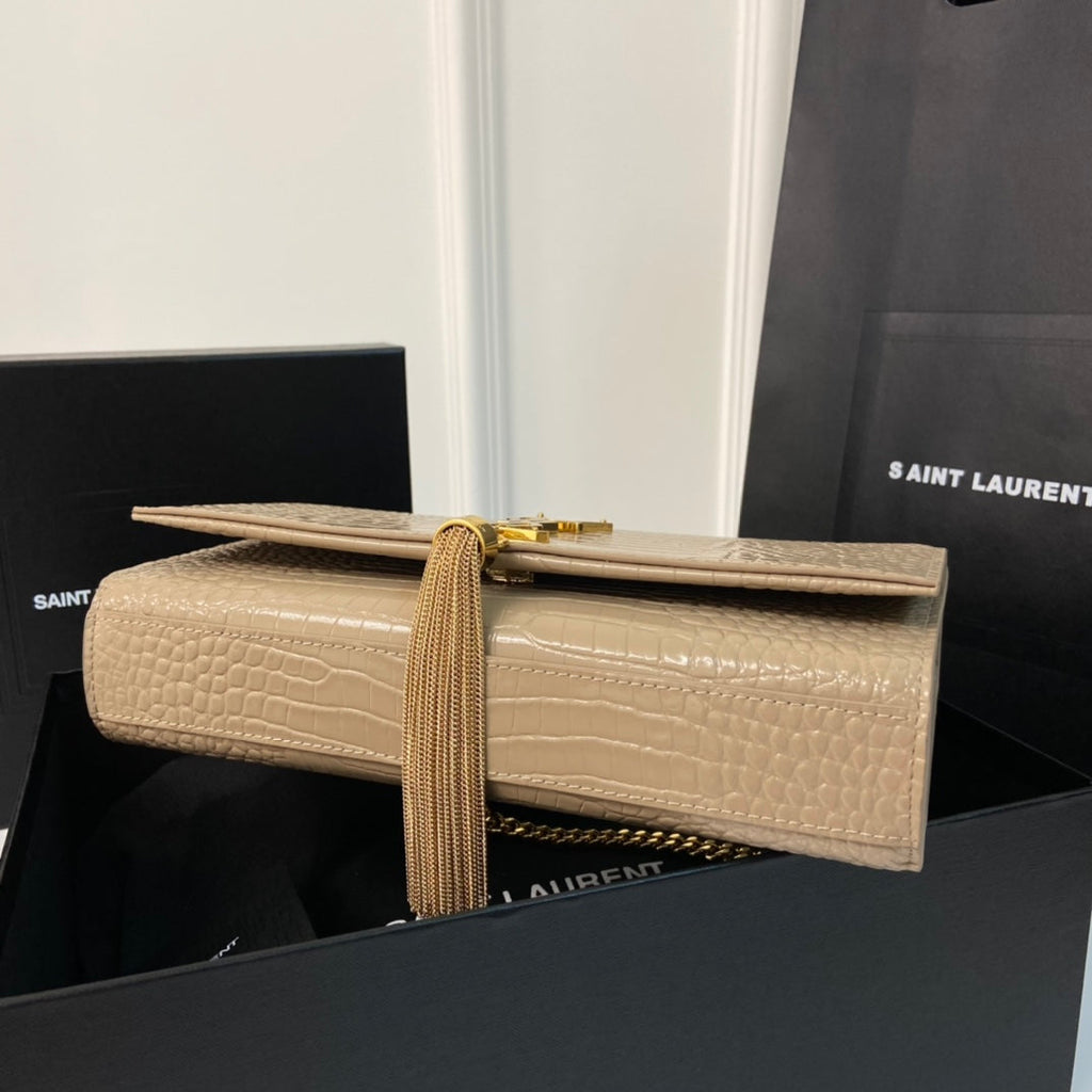 SAINT LAURENT KATE TASSEL 24 CROCODILE PATTERN CALFSKIN BEIGE CREAM WITH GOLD LOGO