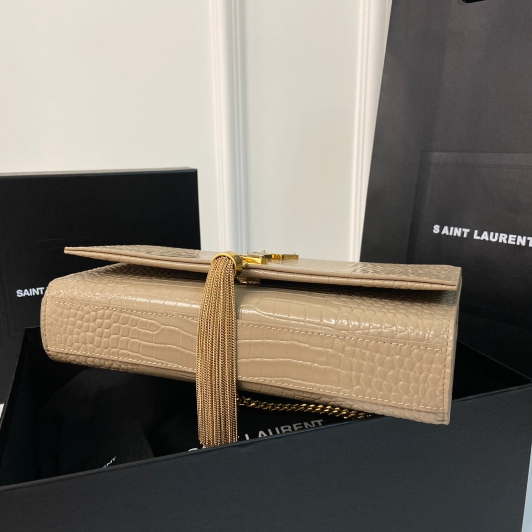 SAINT LAURENT KATE TASSEL 24 CROCODILE PATTERN CALFSKIN BEIGE CREAM WITH GOLD LOGO