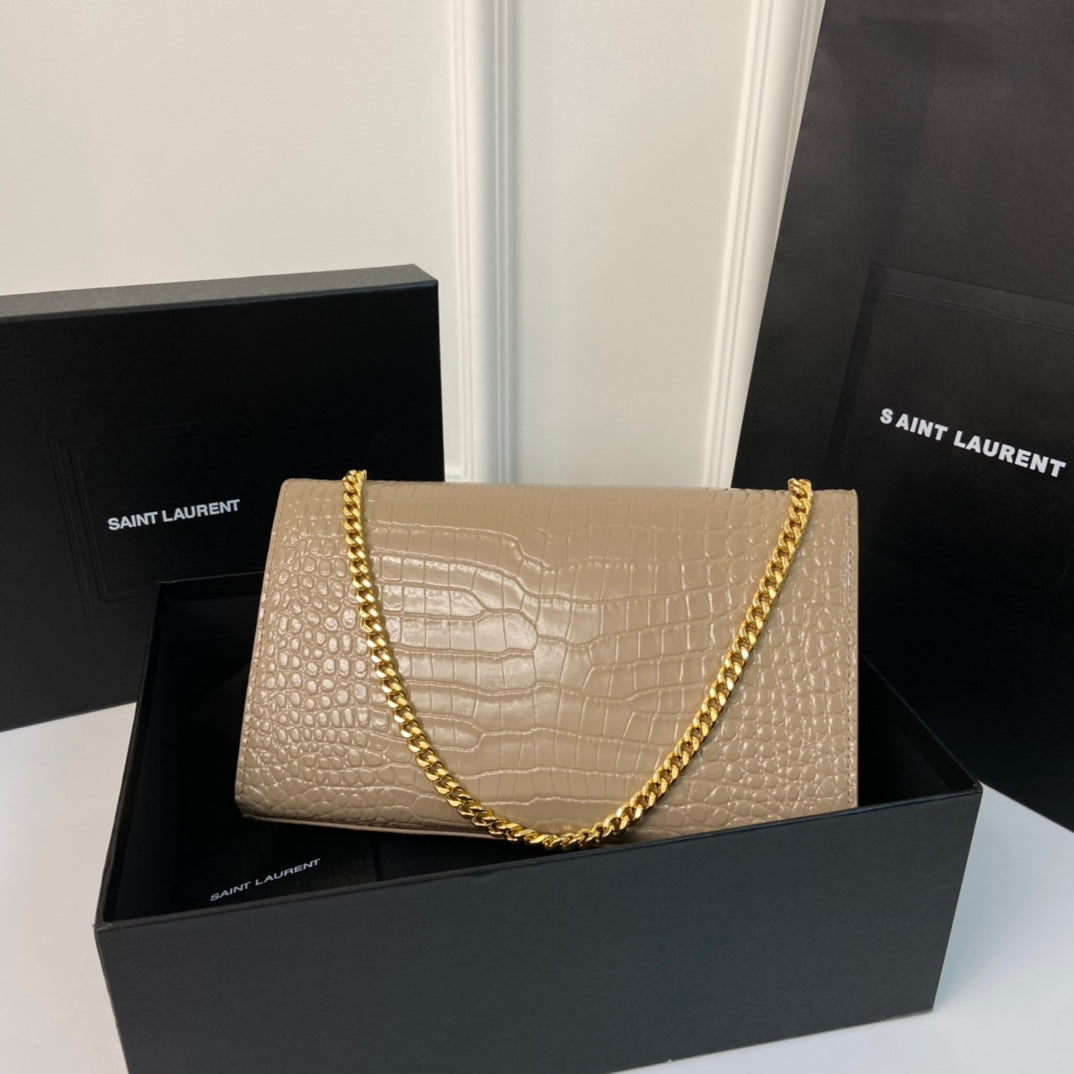 SAINT LAURENT KATE TASSEL 24 CROCODILE PATTERN CALFSKIN BEIGE CREAM WITH GOLD LOGO