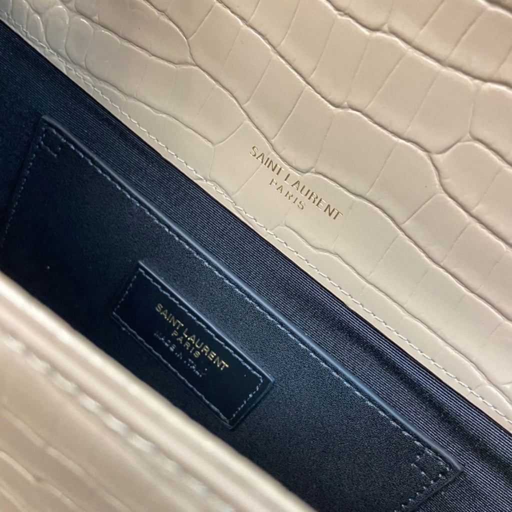 SAINT LAURENT KATE TASSEL 24 CROCODILE PATTERN CALFSKIN BEIGE CREAM WITH GOLD LOGO