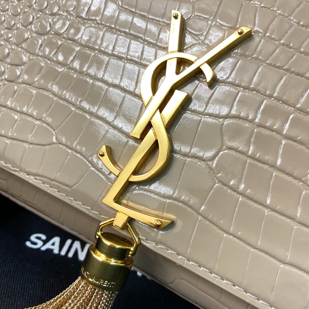 SAINT LAURENT KATE TASSEL 24 CROCODILE PATTERN CALFSKIN BEIGE CREAM WITH GOLD LOGO