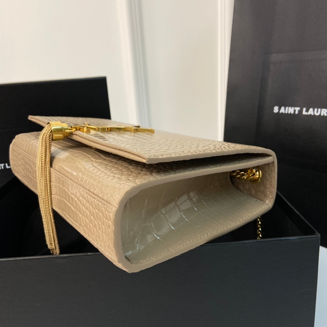 SAINT LAURENT KATE TASSEL 24 CROCODILE PATTERN CALFSKIN BEIGE CREAM WITH GOLD LOGO