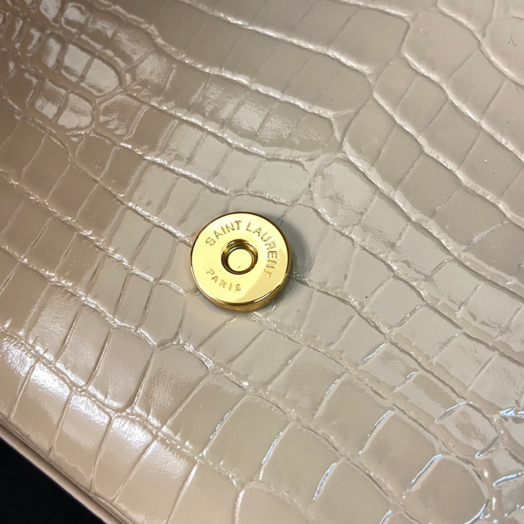 SAINT LAURENT KATE TASSEL 24 CROCODILE PATTERN CALFSKIN BEIGE CREAM WITH GOLD LOGO