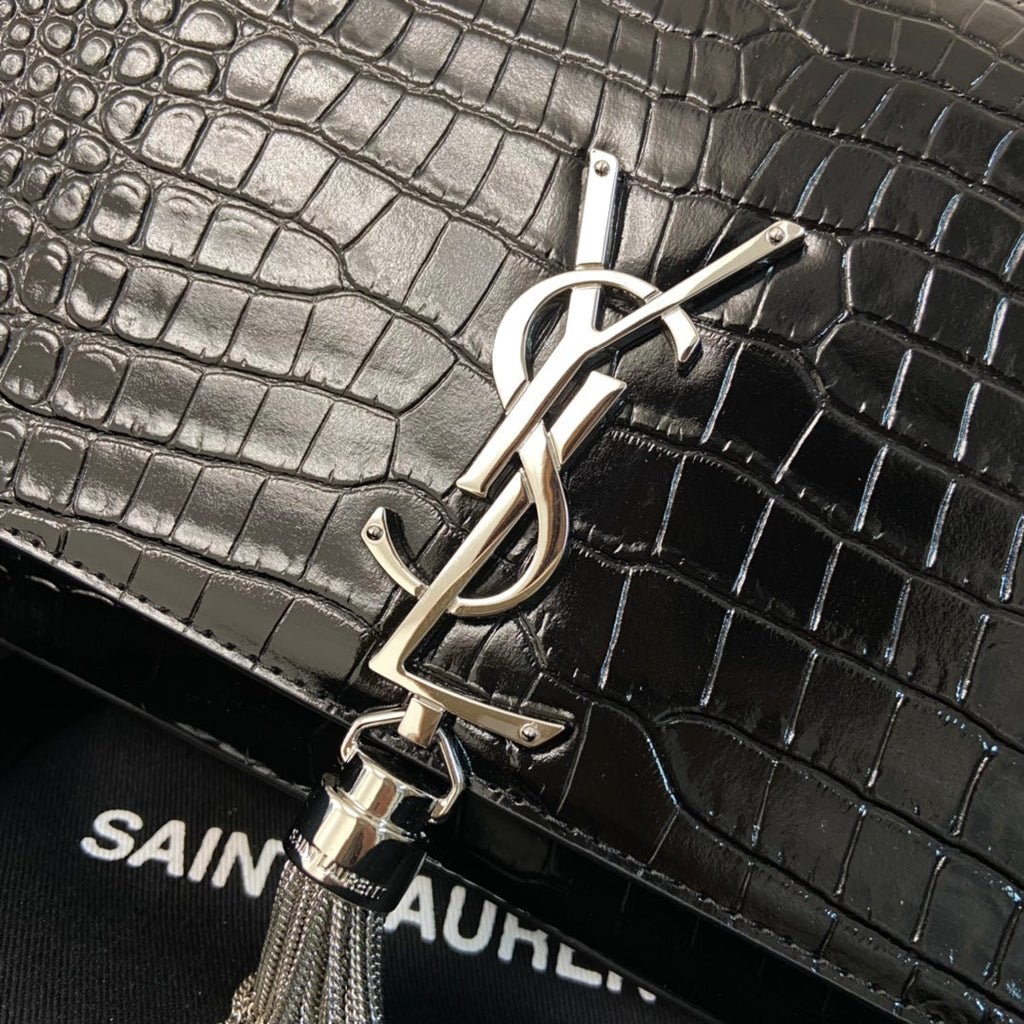 SAINT LAURENT KATE TASSEL 24 CROCODILE PATTERN CALFSKIN BLACK WITH SILVER LOGO