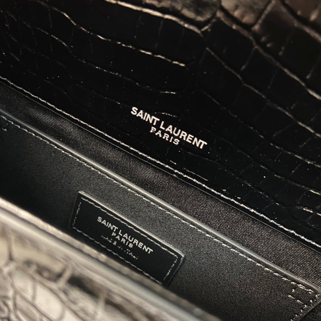 SAINT LAURENT KATE TASSEL 24 CROCODILE PATTERN CALFSKIN BLACK WITH SILVER LOGO