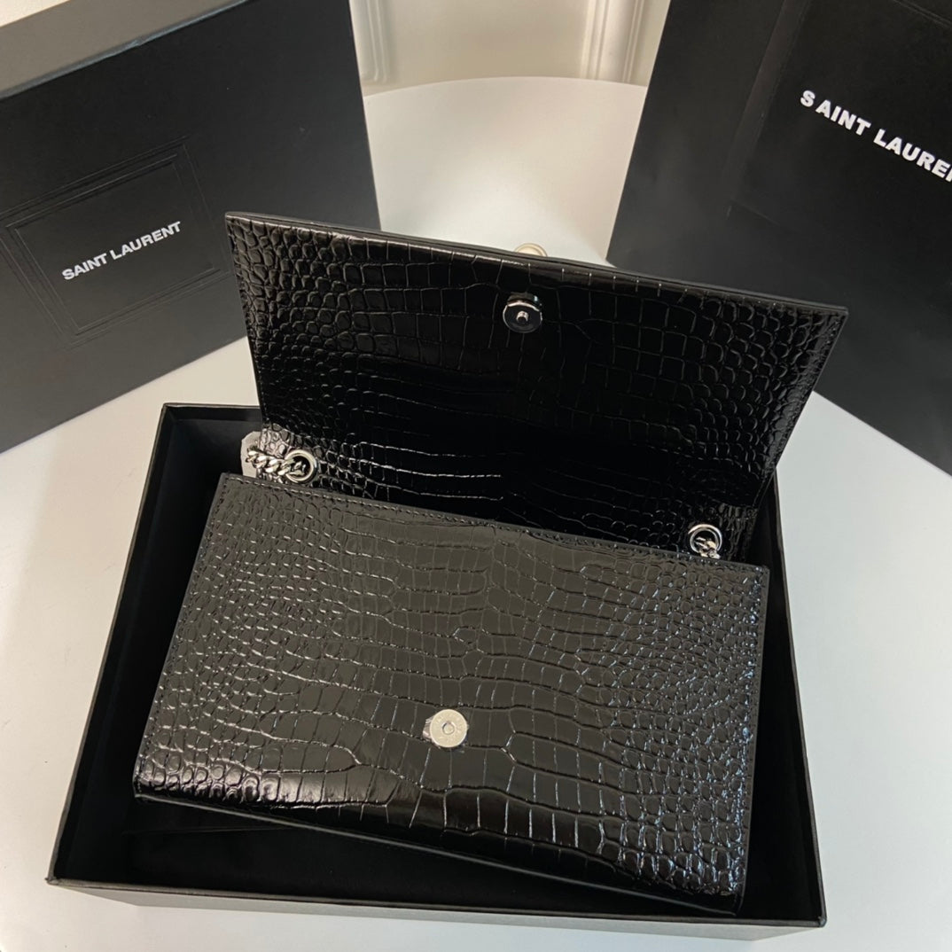 SAINT LAURENT KATE TASSEL 24 CROCODILE PATTERN CALFSKIN BLACK WITH SILVER LOGO